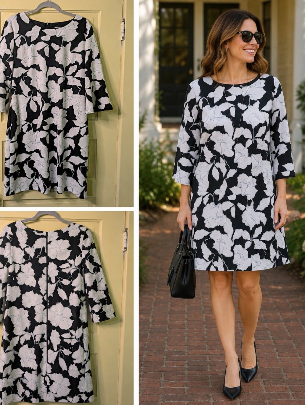 Karl Lagerfeld Paris Floral A-Line Dress Size 14 Black White 3/4 Sleeve